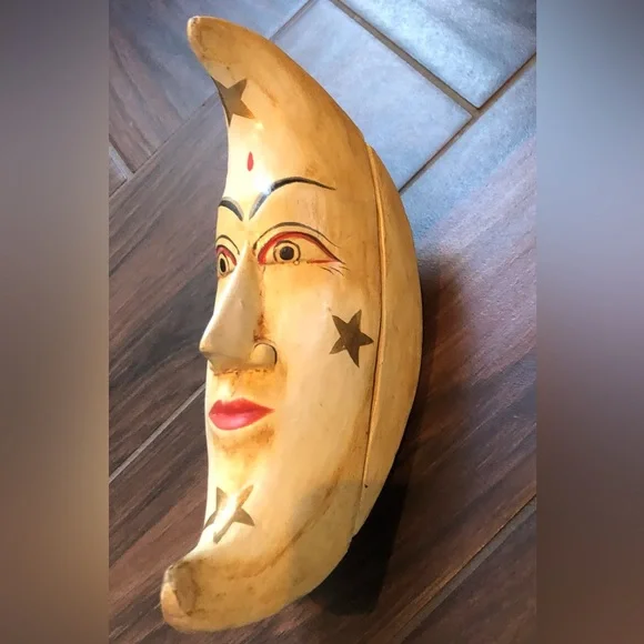 Vintage Hand Carved Anthropomorphic Crescent Moon Box, Celestial